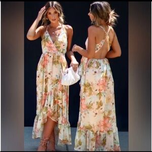 NWT Olià High Low Floral Halter Lined Ruffle Hem Maxi Dress - Size Small